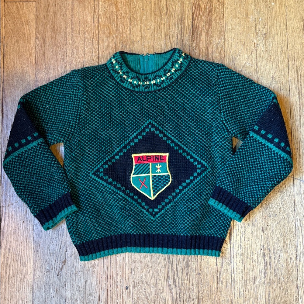 Vintage Toddler Alpine Teal and Black Patterned Sweater, 4T
